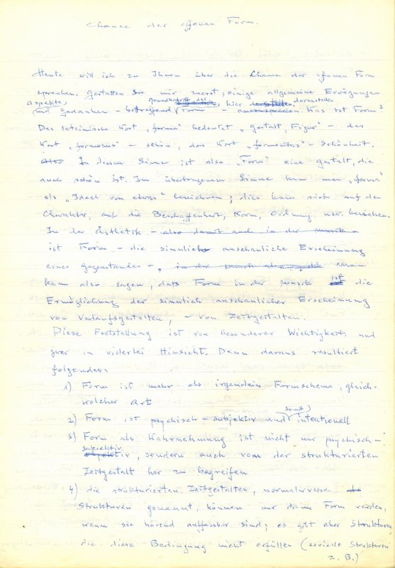 Serocki's lecture manuscript – Chance der offenen Form - 
	Serocki's lecture manuscript entitled Chance der offenen Form written for his master course in Basel (1976), page 1&nbsp;(Warsaw University Library)