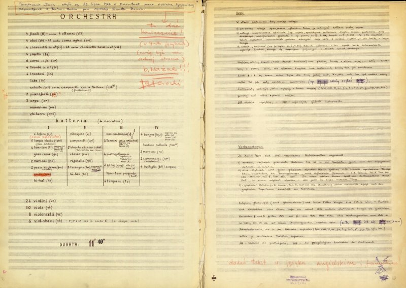 Freski symfoniczne - 
	Rękopis Fresków symfonicznych (1963–64), obsada instrumentalna i uwagi do partytury (Biblioteka Uniwersytetu Warszawskiego)
