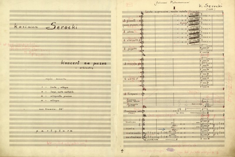 Concerto for trombone and orchestra - 
	Manuscript of Concerto for trombone and orchestra&nbsp;(1952–53), title page and mov. I&nbsp;Lento espressivo, molto rubato – Allegro (Warsaw University Library)