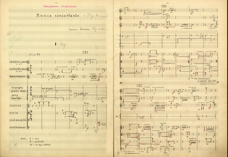 Musica concertante for chamber orchestra - 
	Manuscript of Musica concertante for chamber orchestra (1957–58), mov. I, pages 1–2 (Warsaw University Library)