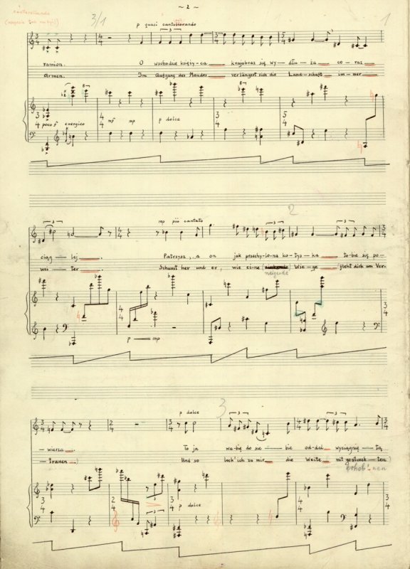 Eyes of the Air for soprano and piano - 
	Manuscript of Eyes of the Air, song cycle for soprano and piano, words by J. Przyboś (1957), song Meeting cont. (Warsaw University Library)