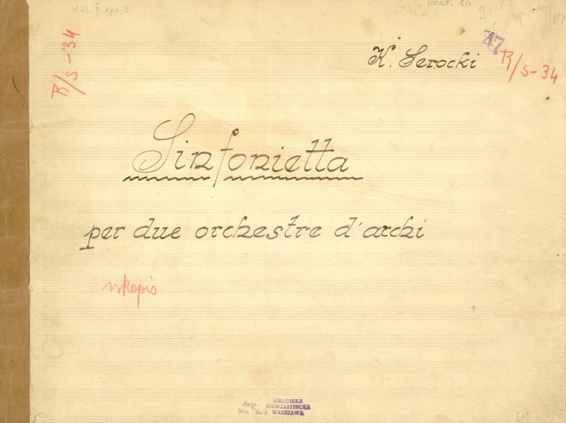 Sinfonietta for two string orchestras - 
	Manuscript of Sinfonietta for two string orchestras (1956) – title page (Warsaw University Library)